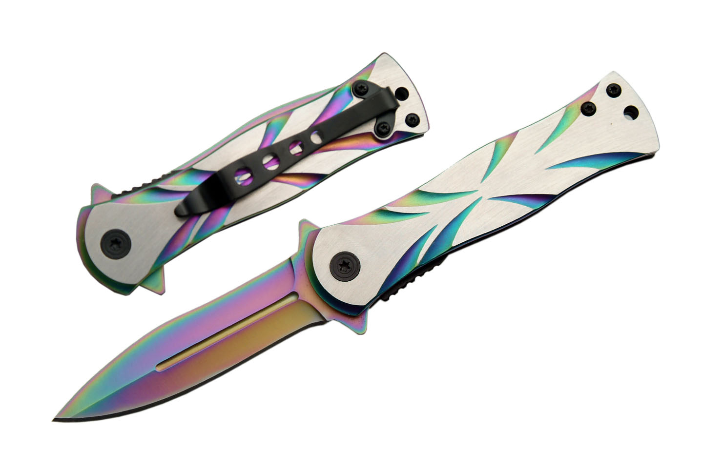 Spring-Assist Folding Knife 7in. Overall Rainbow Silver Diamond Stiletto Blade