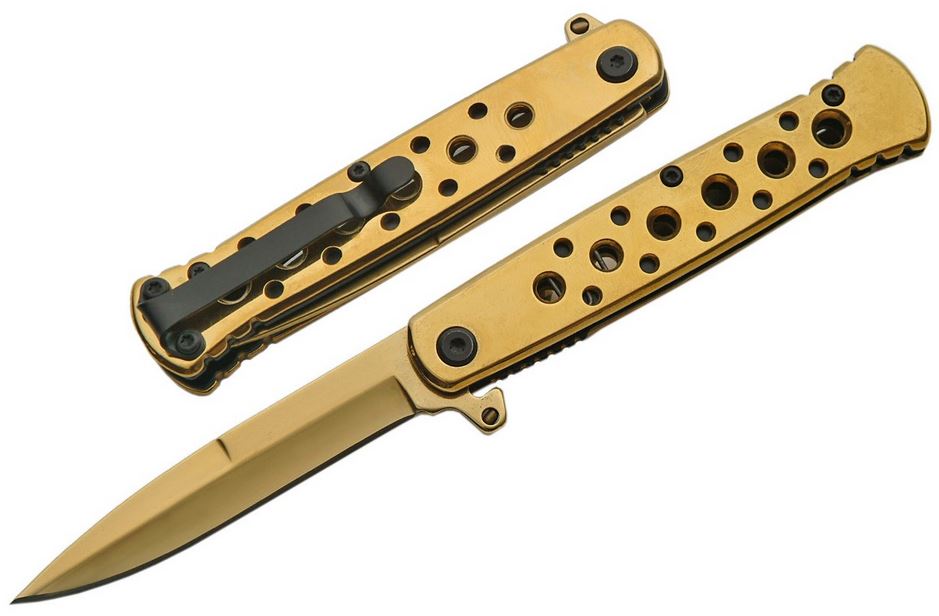Spring Assist Folding Pocket Knife Gold Stiletto Dagger Blade Tactical EDC