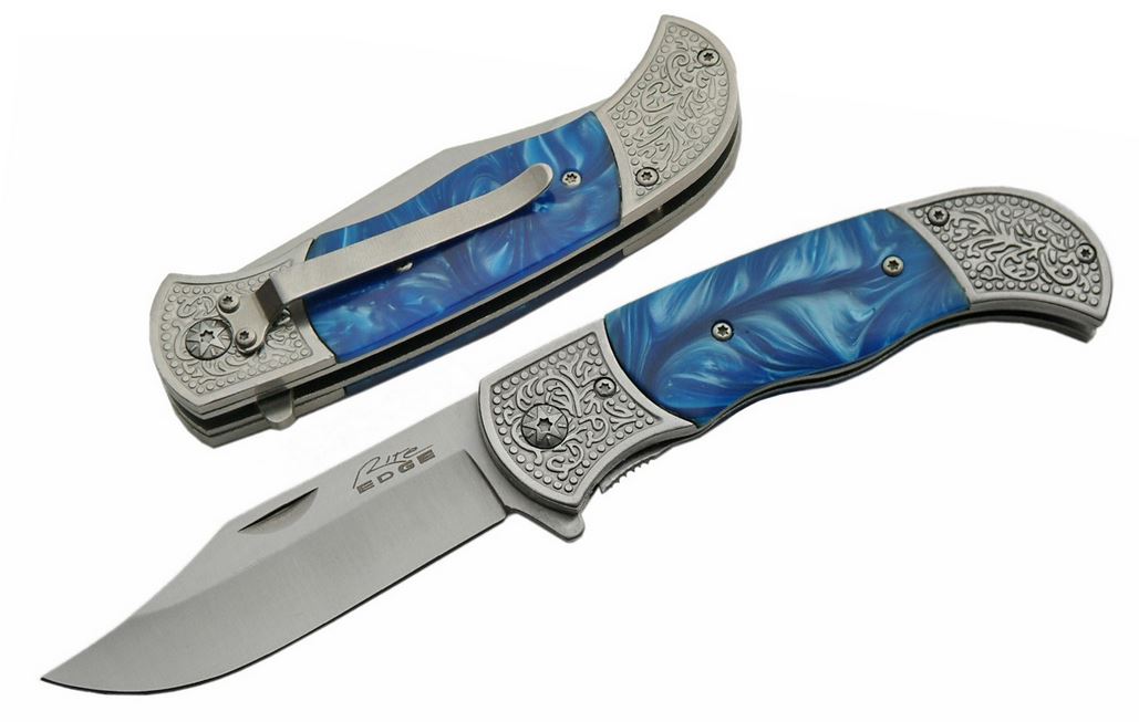 Spring Assist Folding Pocket Knife Silver Blade Marble Engraved 300386-Wd