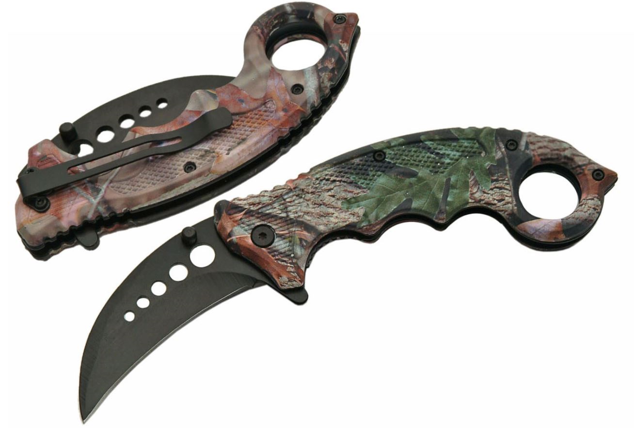 Spring-Assist Karambit Folding Knife Low-Cost 3in. Black Blade Camo Hunter EDC