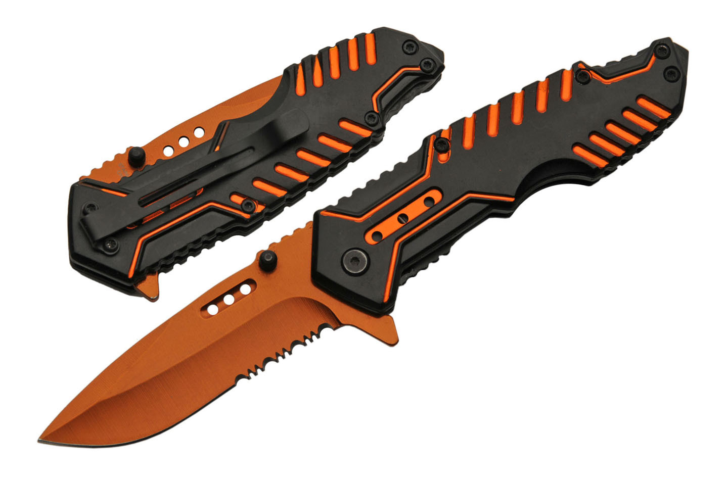 Spring-Assisted Folding Pocket Knife | Black Orange Serrated Blade Tech Tactical