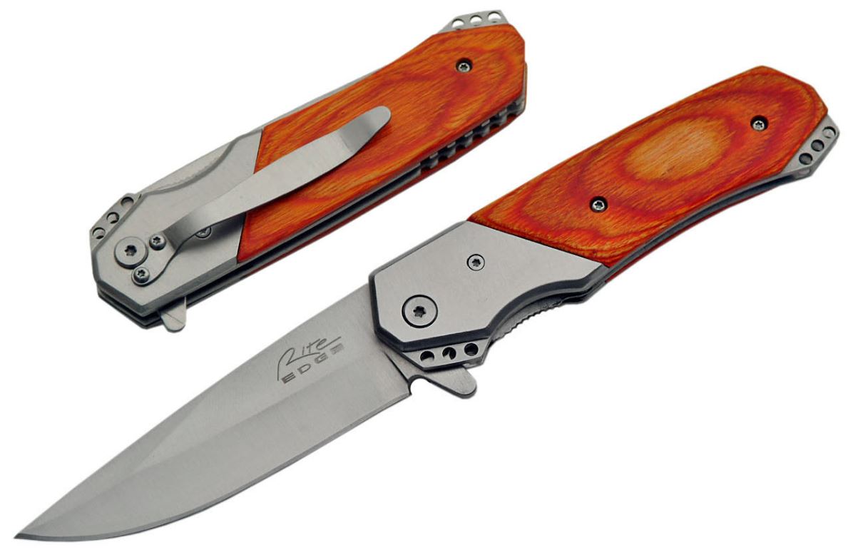 Spring Assist Folding Knife 3.75in. Silver Blade Cherrywood Handle Hunter EDC