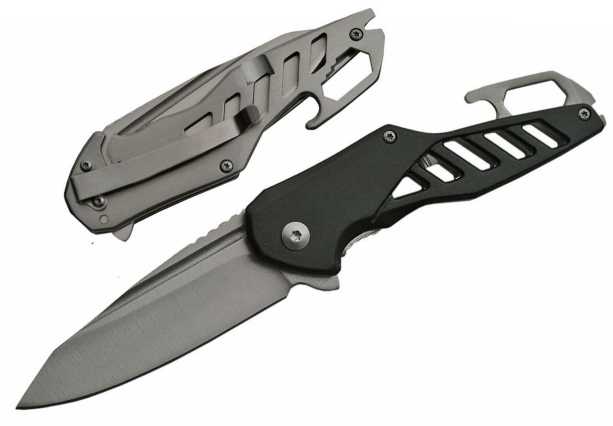 Spring Assist Folding Knife 3in Blade Black EDC Tactical Utility + Bottle Opener