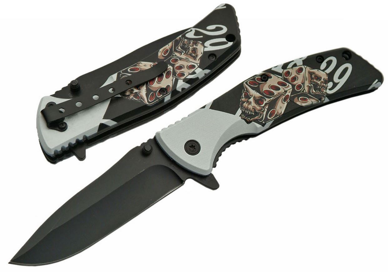 Spring-Assist Folding Pocket Knife 3.5in. Black Blade Skull Dice Tactical EDC