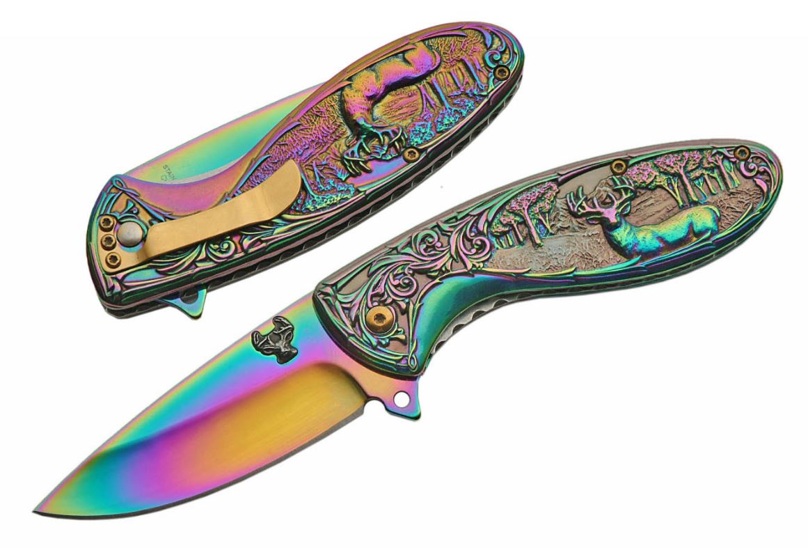 Spring-Assist Folding Pocket Knife Easy Open 3.5in. Blade Rainbow Deer Hunter