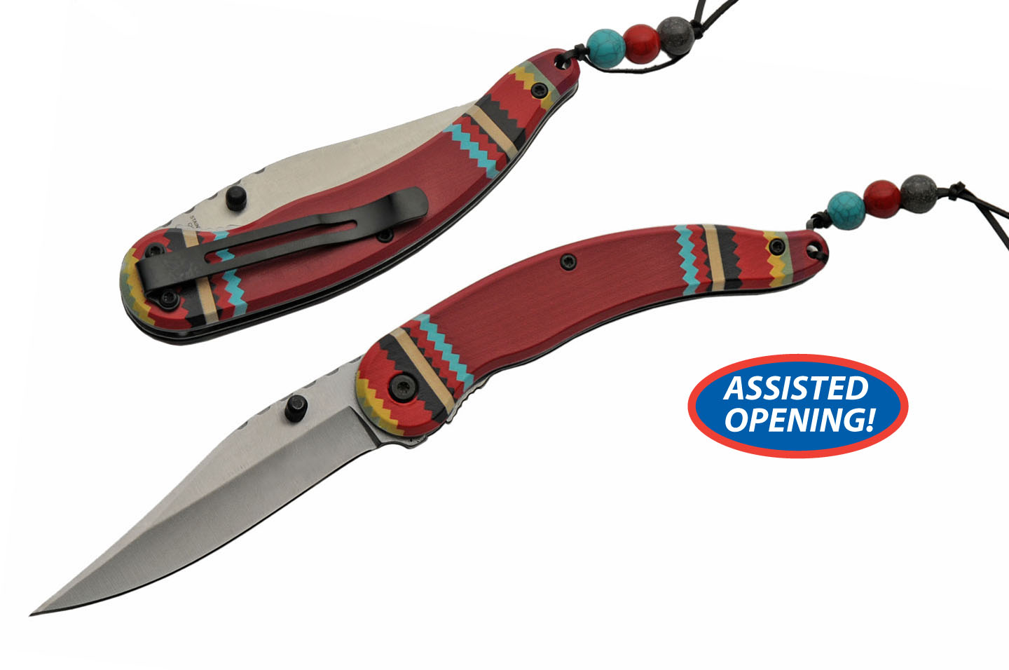 Spring-Assist Folding Pocket Knife | Native American Red Wood Silver Blade