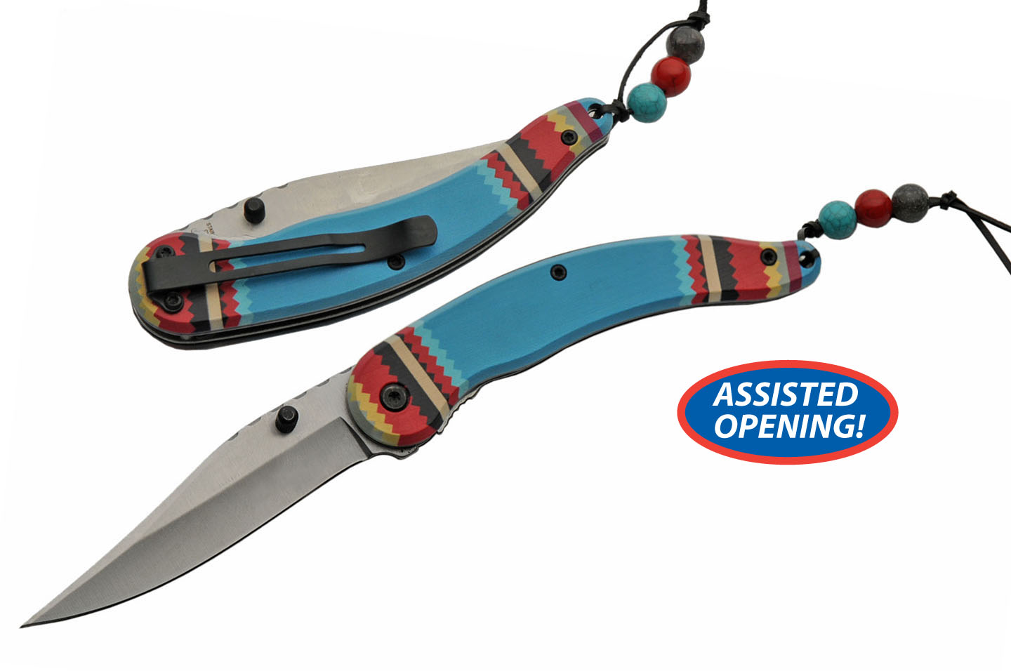 Spring-Assist Folding Pocket Knife | Native American Turquoise Wood Silver Blade