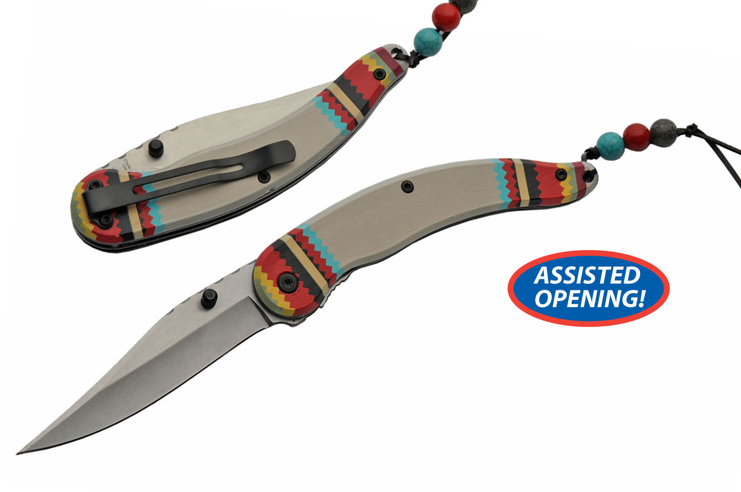 Spring-Assist Folding Pocket Knife Native American White Wood Silver Blade