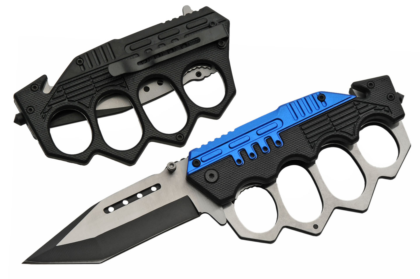 Spring-Assisted Folding Knife Tanto Blade Black Blue Trench Knife Knuckle Guard
