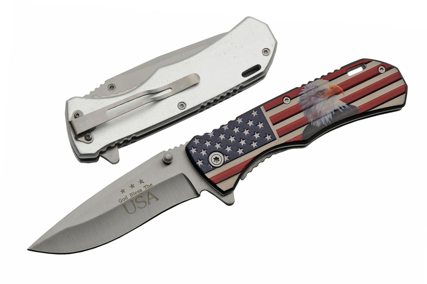 Spring-Assist Folding Knife | Patriotic God Bless America USA Bald Eagle Silver