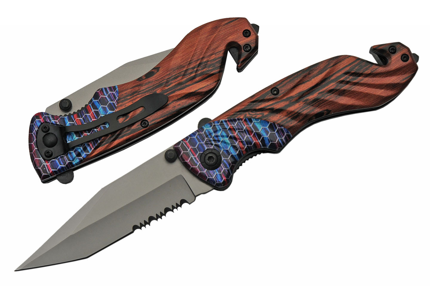 Spring-Assist Folding Knife Blue Purple Red Striped Wood Handle EDC 300493