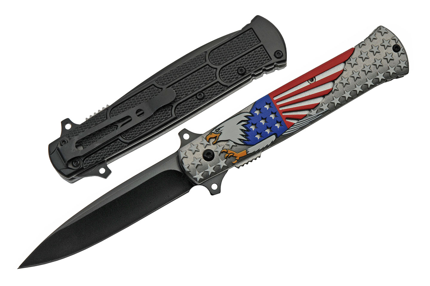 Spring-Assist Folding Knife Soaring Eagle American Flag USA Stiletto Blade EDC