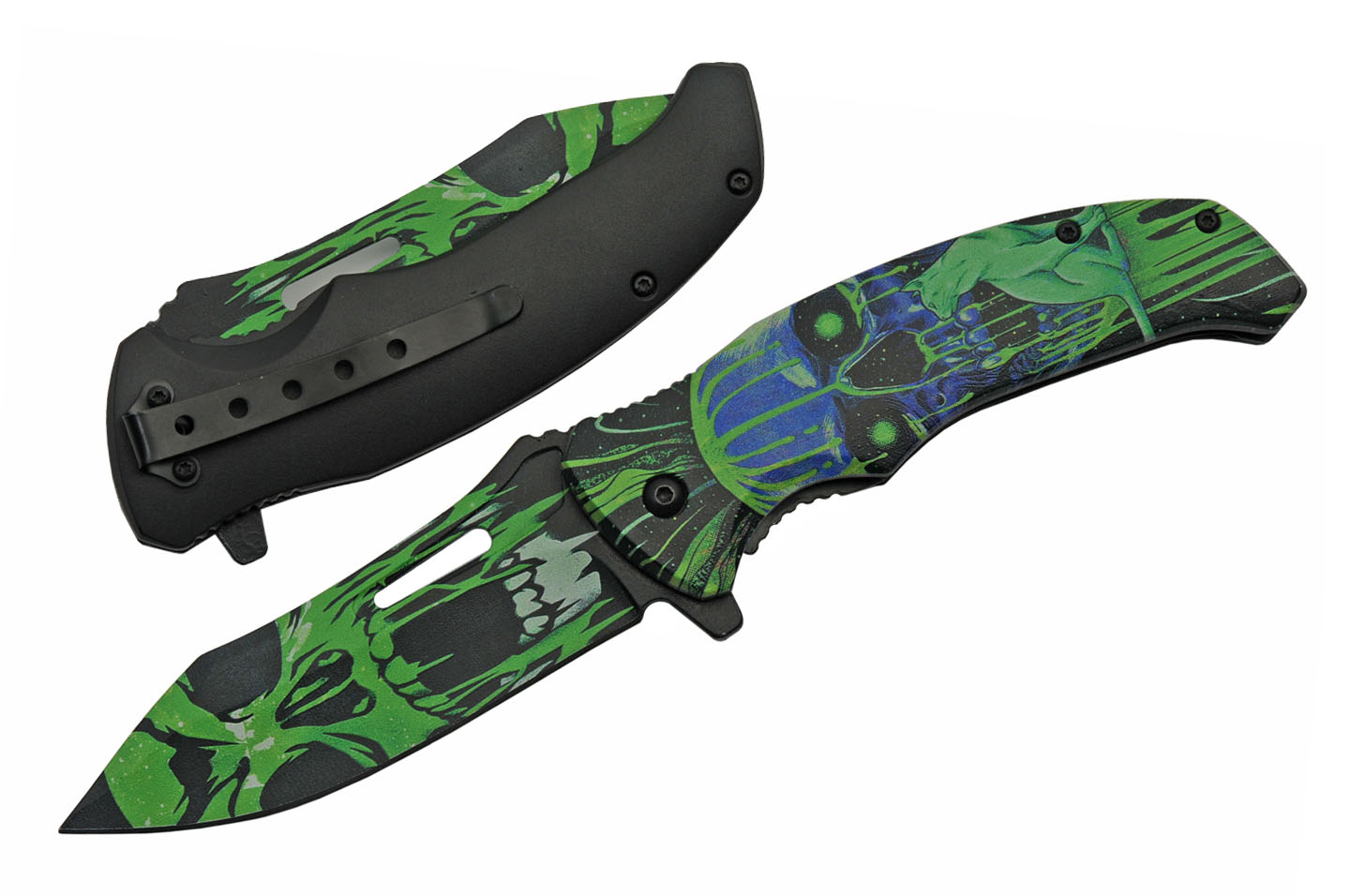 Spring-Assist Folding Knife Black Green Cat Demon Skull Pocket EDC 300503-Gn