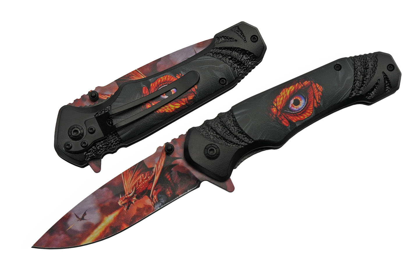 Spring-Assist Folding Knife Dragon's Eye Red Fire Blade Black Fantasy 300504