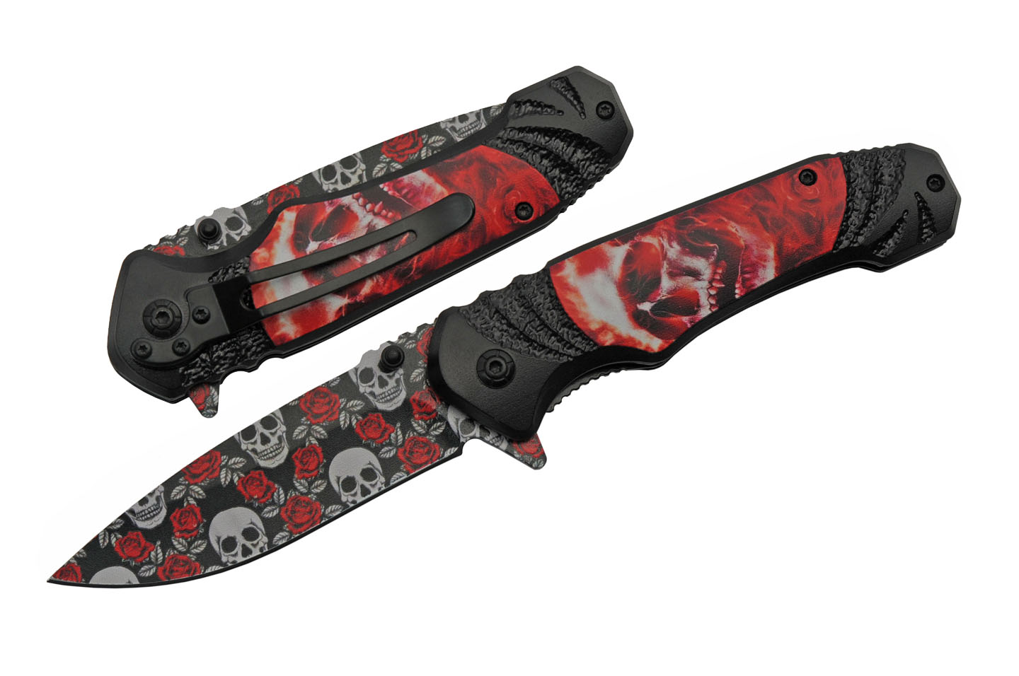 Spring-Assist Folding Knife Rose Skull Red Black Folder Pattern Blade 300505