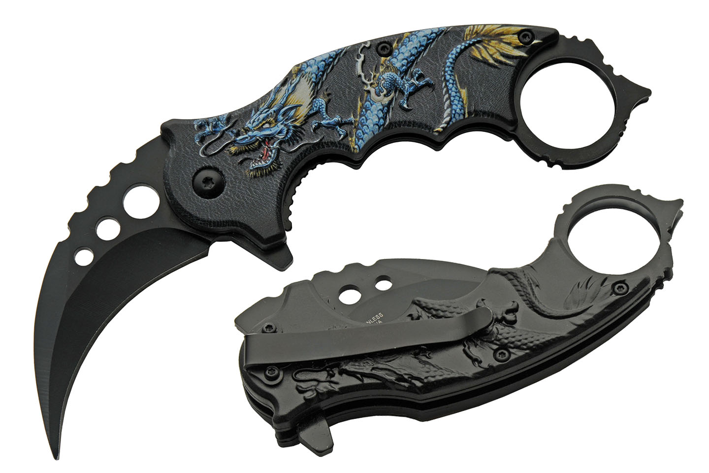 Folding Knife 3.25In Hawkbill Blade Black Blue Gold Dragon Karambit Claw