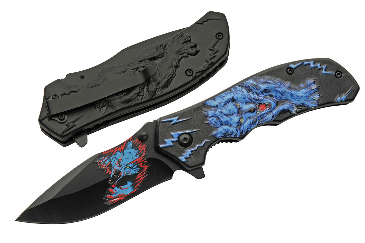Folding Knife 3.5In Blade Black Blue Wolf Hunter EDC Pocket Clip Tactical