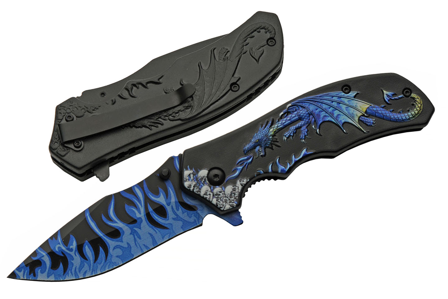 Folding Knife | 3.5in Blade Black Blue Dragon Flame EDC Pocket Clip Tactical