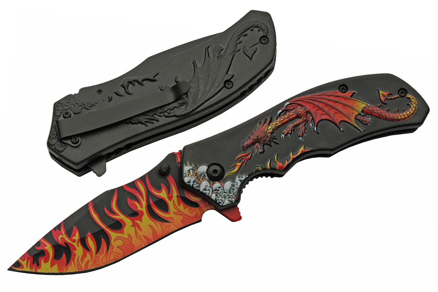 Folding Knife | Black Red Dragon Stainless Steel Drop Point Blade Tactical EDC