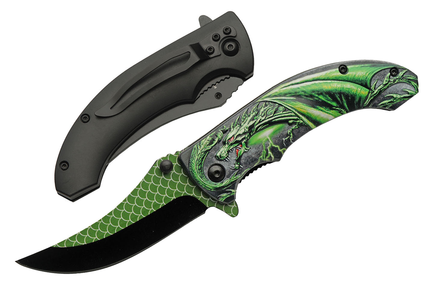 Folding Knife Gray Green Dragon Stainless Steel Clip Point Blade Tactical EDC