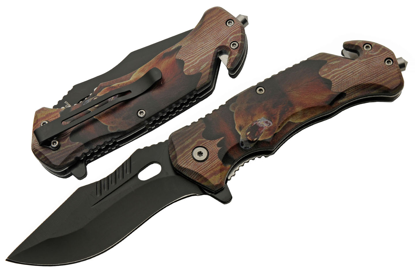 Folding Knife Bear Brown Stainless Steel Drop Point Blade Tactical EDC