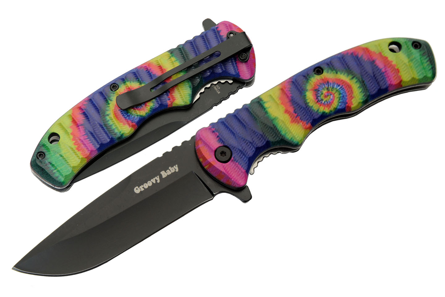 Folding Knife Black 3.5in. Stainless Steel Blade Tie-Dye Groovy EDC 300558-B