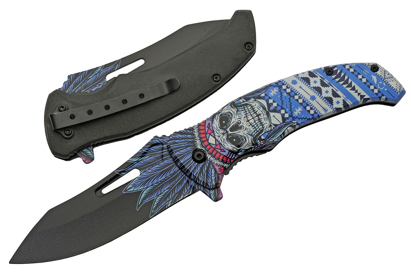 Folding Knife Blue White Native Chief Skull Stainless Steel Blade Tactical EDC