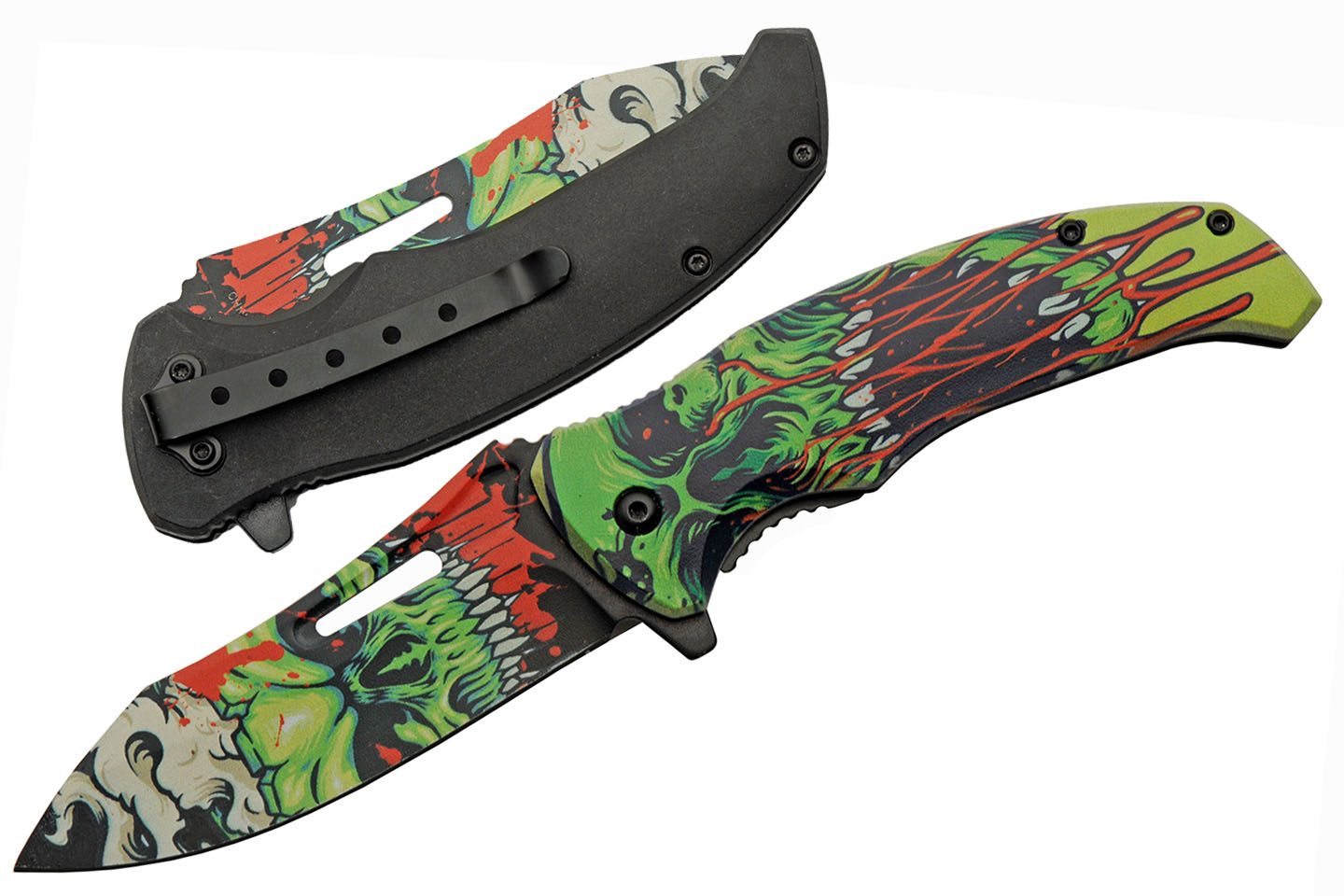 Folding Knife Black Green Red Stainless Steel Drop Point Blade Tactical EDC
