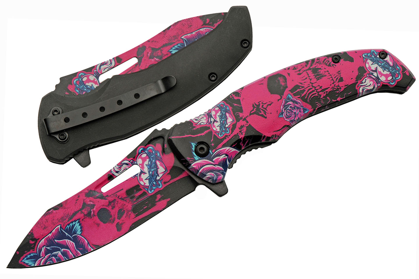 Folding Knife Black Pink Skull Stainless Steel Drop Point Blade Tactical EDC