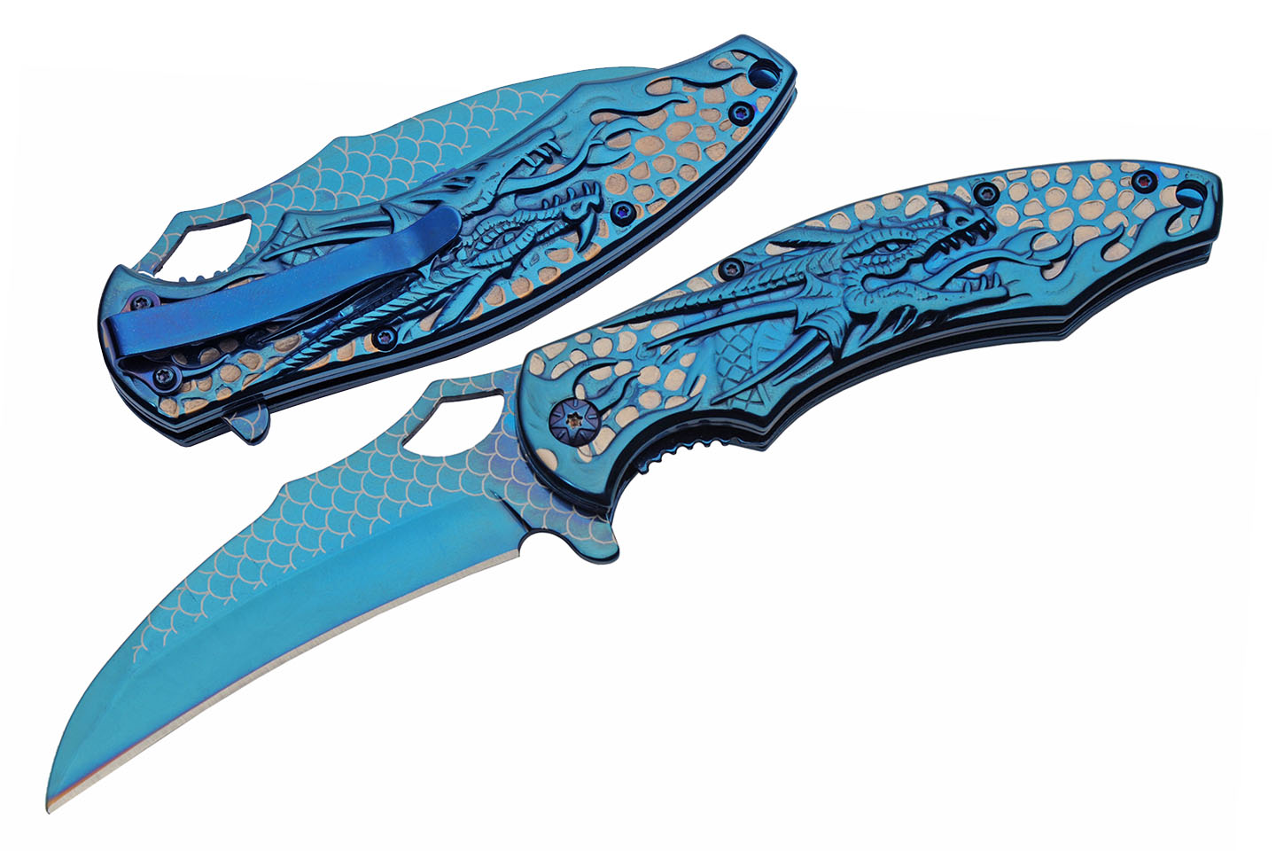 Folding Knife Blue Stainless Steel Hawkbill Blade Metal Handle