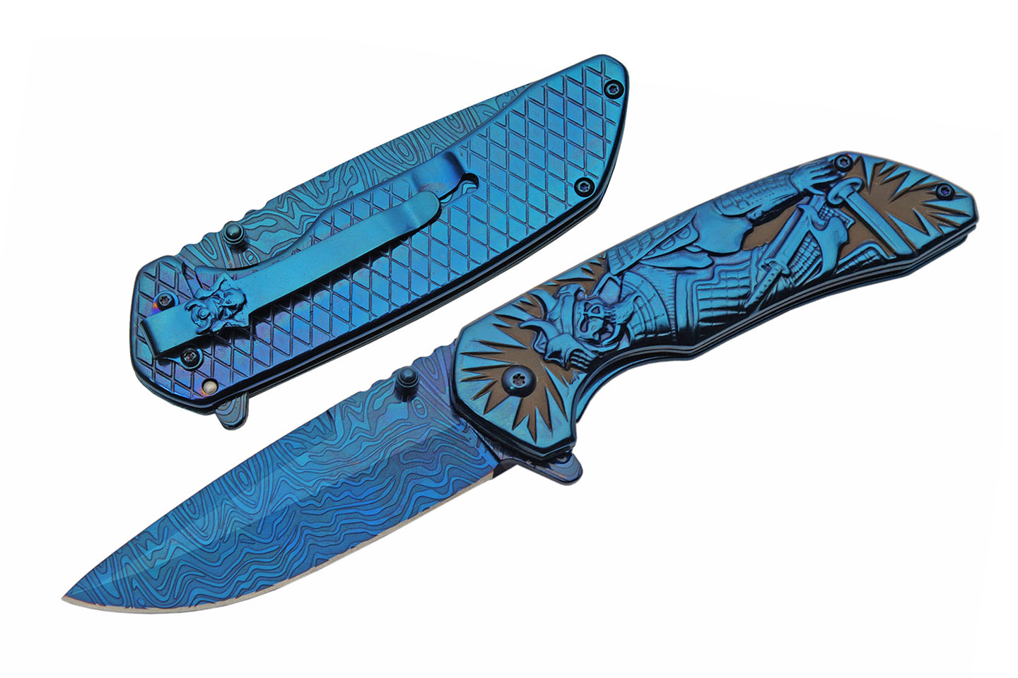 Folding Knife 3.5In Blade Blue Black Skull Samurai Warrior EDC