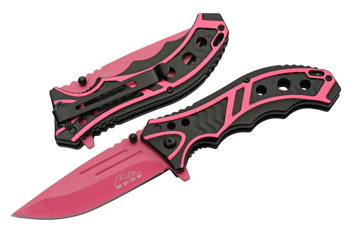Spring-Assist Folding Knife | Rite Edge Black Pink Steel Blade Tactical EDC