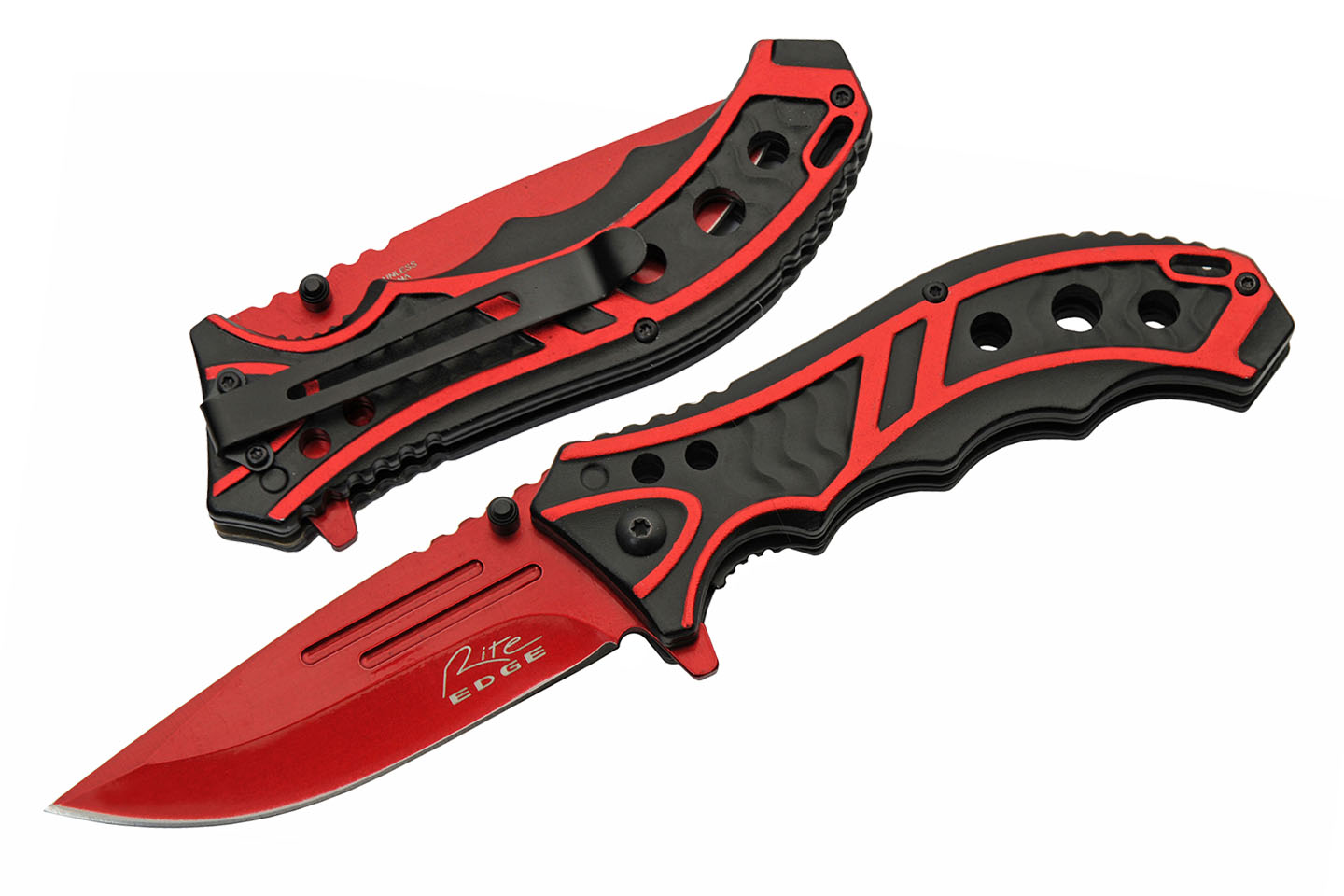 Spring-Assist Folding Knife | Rite Edge Black Red Steel Blade Tactical EDC