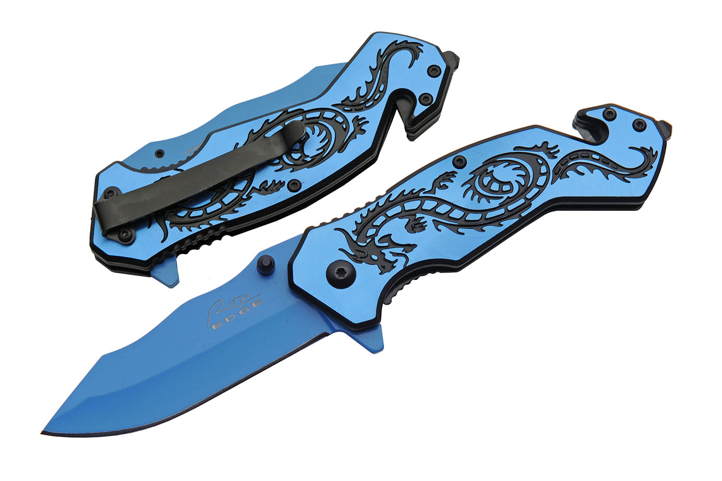 Spring-Assist Folding Knife | Rite Edge Blue/Black Dragon Steel Blade Rescue EDC