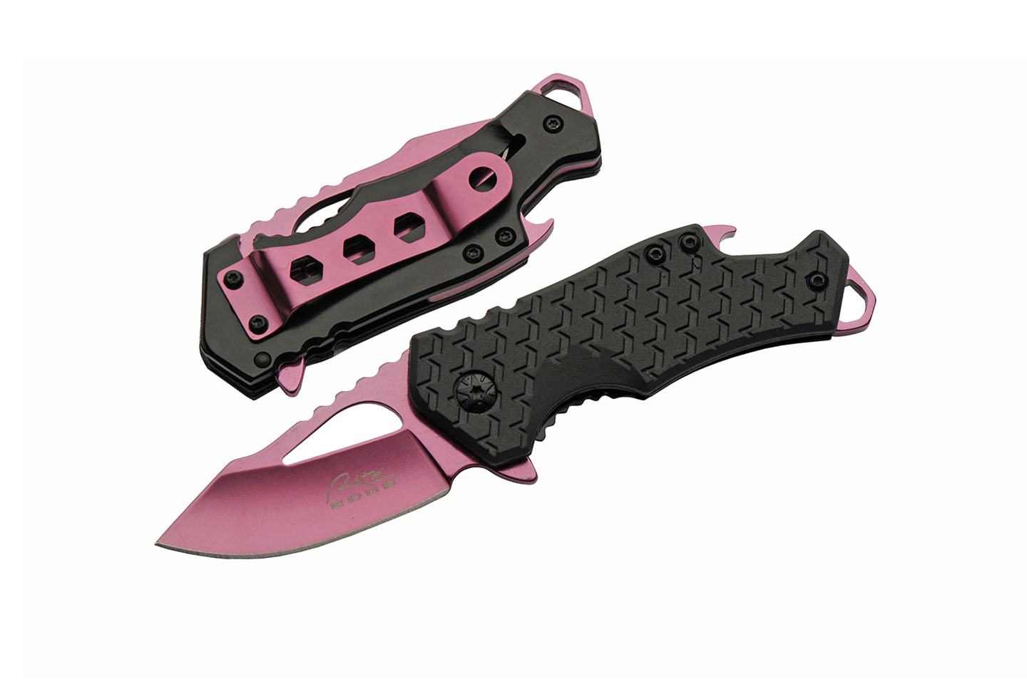 Spring-Assist Folding Knife | 2.25in Pink Steel Blade Slim EDC Bottle Open Black