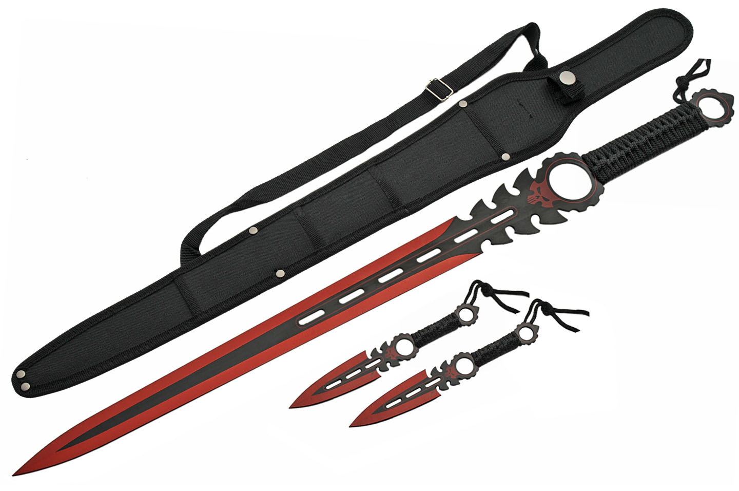 Fantasy Sword | Red Black Blade Double Edge Blade + 2 Throwing Knives + Sheath