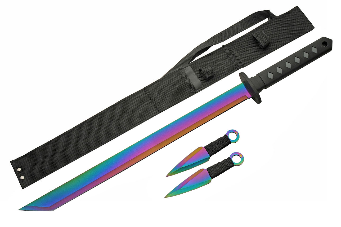 Tactical Ninja Sword 27in Overall Black/Rainbow Tanto + Throwing Knives + Sheath