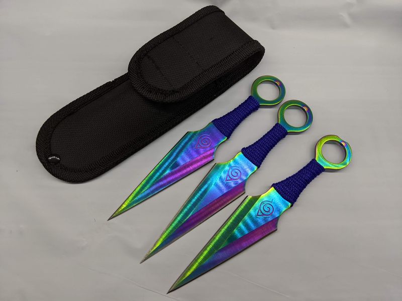 THIRD BUTTERFLY KNIFE RAINBOW BLUE PATTERN BLADE 11CM - Wicked Store
