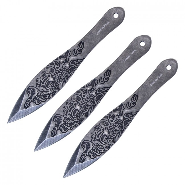 Throwing Knife Set Aeroblades 3 Pc. 6.5in. Overall Japanese Koi Fish Gray Stone