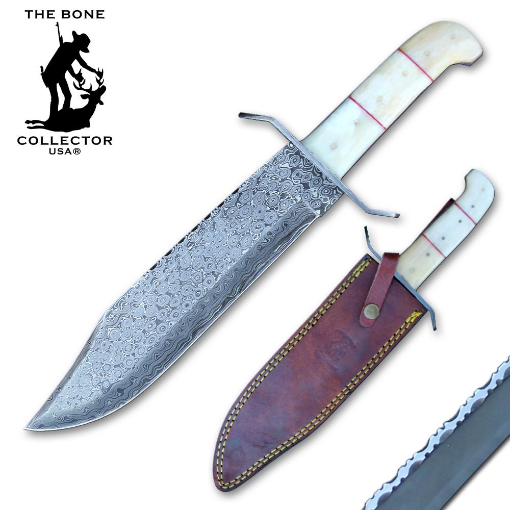 Bowie Knife Bone Collector Bone Handle Damascus Steel Blade Full Tang + Sheath