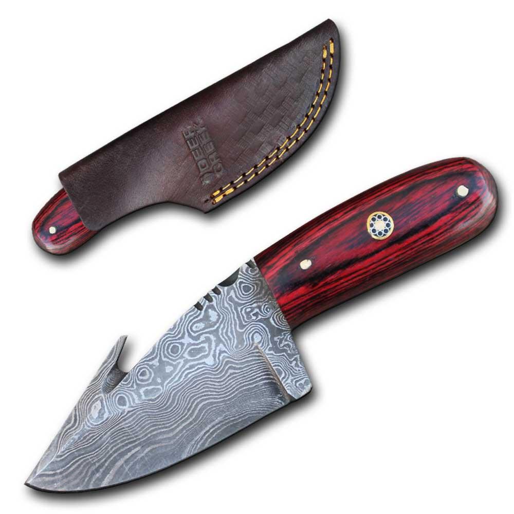 Damascus Steel Hunting Knife Red Wood Gut Hook Skinner 3in. Blade + Sheath