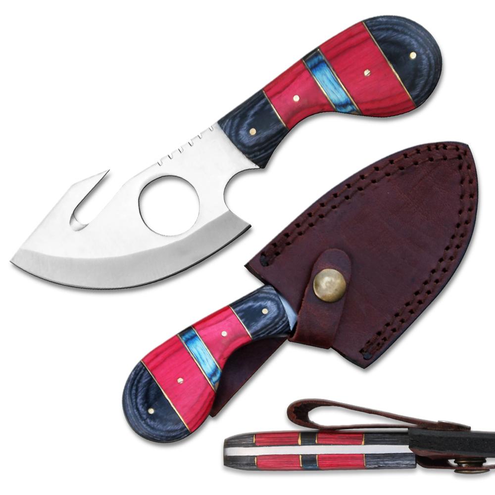 Hunting Knife 7in. Overall Cat Skinner Red/Black/Blue Wood Handle Full Tang