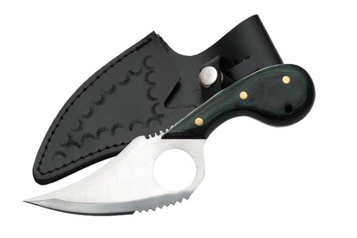 7in. Overall Cat Skinner Hunting Knife w/ Black Wood Handle And Leather Sheath