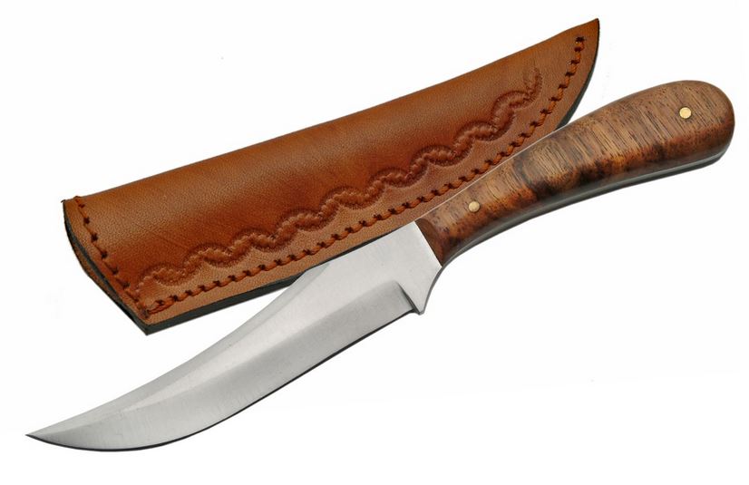 Fixed-Blade Hunting Knife 7.25in. Silver Blade Burlwood Handle Skinner w/ Sheath
