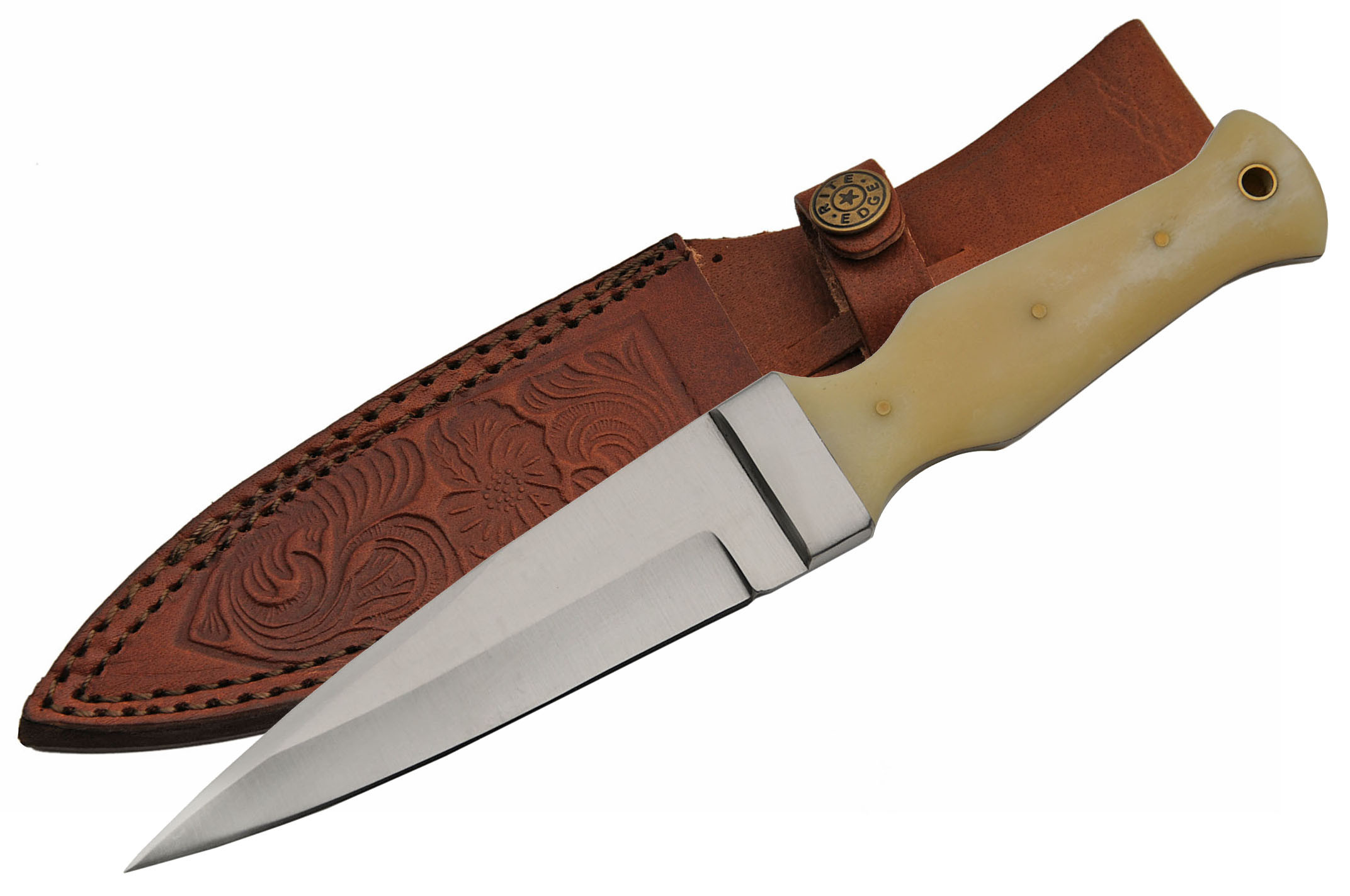 Dagger 9in Overall Fixed-Blade Full Tang Boot Knife Bone Handle + Leather Sheath