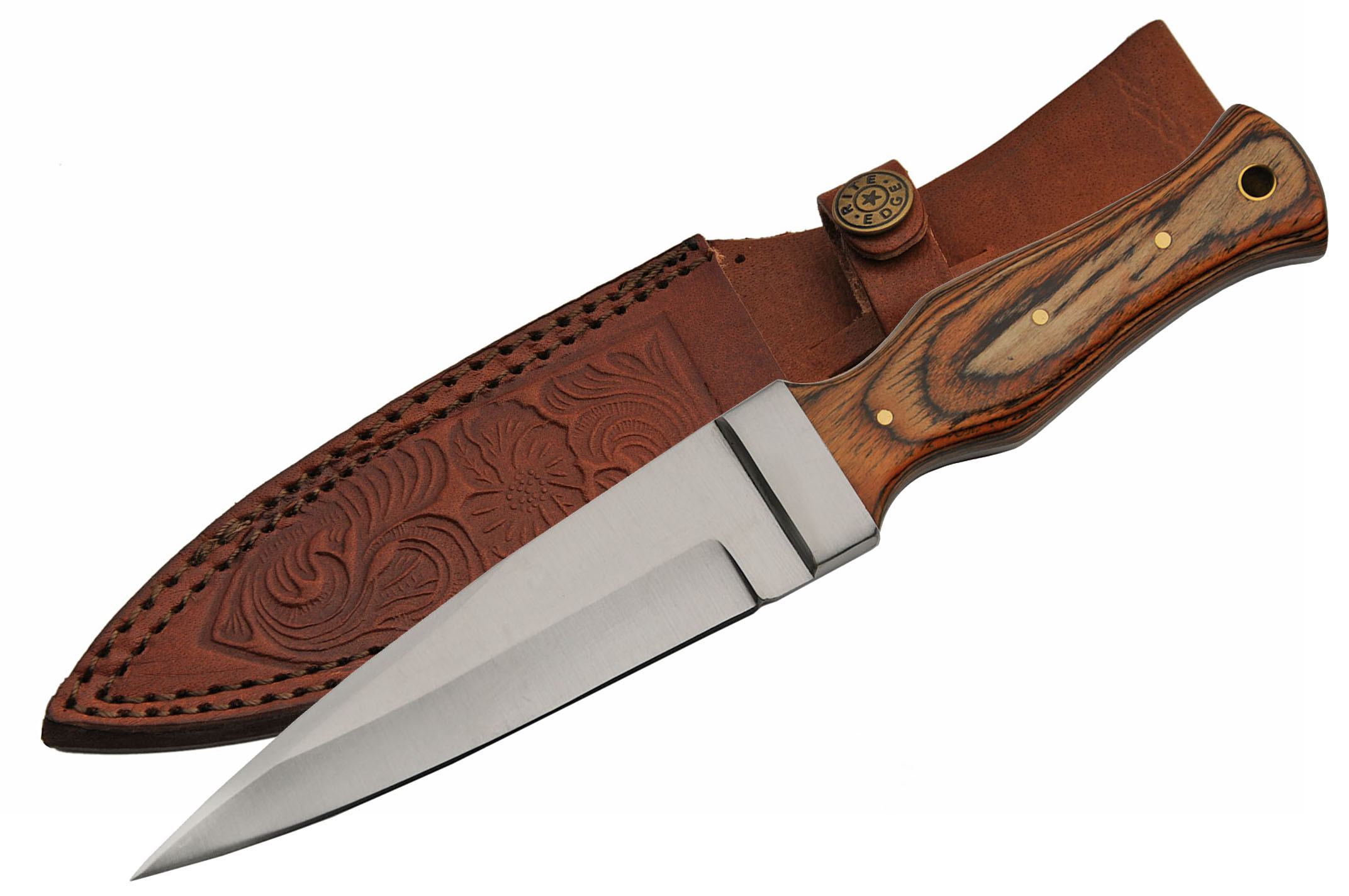 Boot Knife 9in. Overall Brown Wood Handle Tactical Blade + Leather Sheath