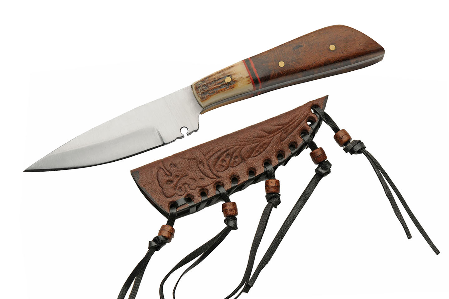 Hunting Knife Stainless Steel Drop Point Blade Bone Wood Handle + Leather Sheath