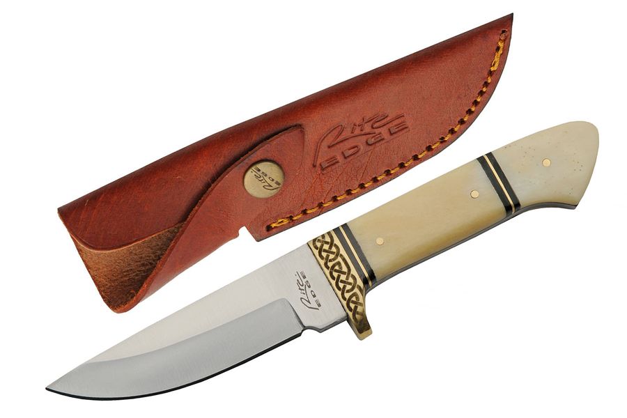 Hunting Knife Stainless Steel Blade Celtic Brass/Bone Handle + Leather Sheath