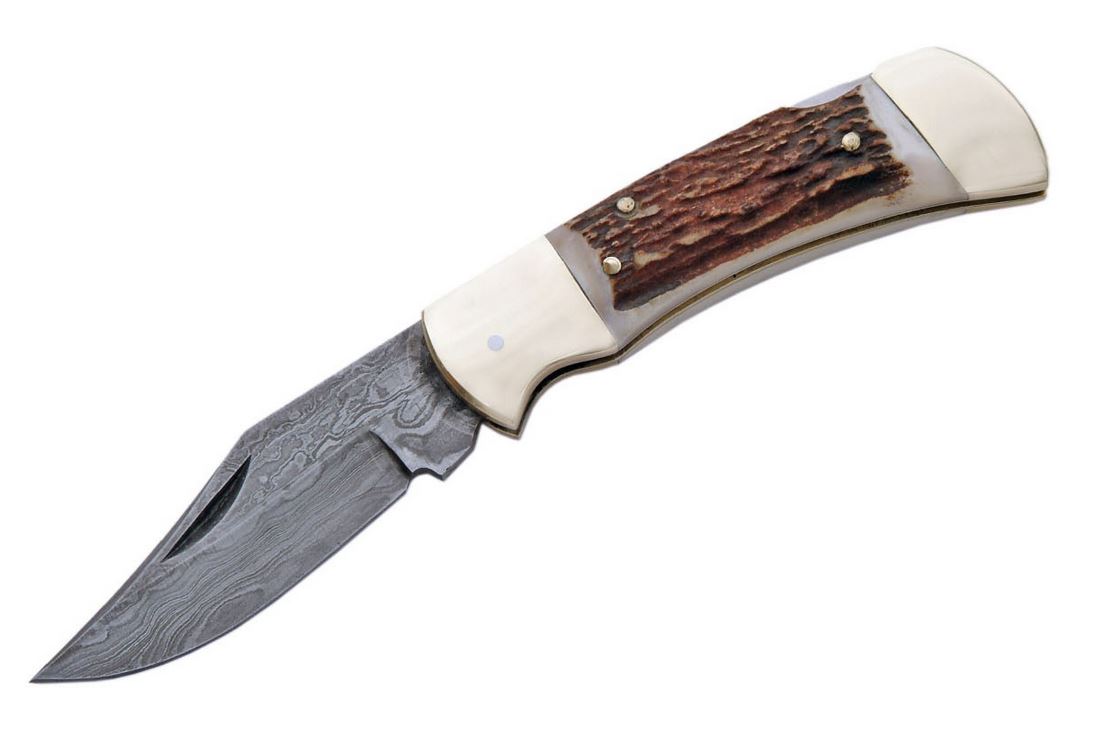 Folding Knife | Damascus Steel Blade Overall Stag Handle Classic Lockback