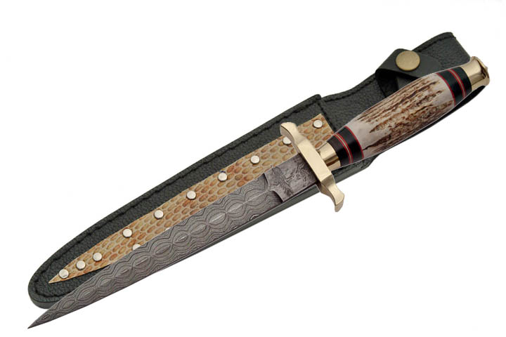 13in. Damascus Steel Double Edge Commando Dagger Knife w/ Leather Sheath